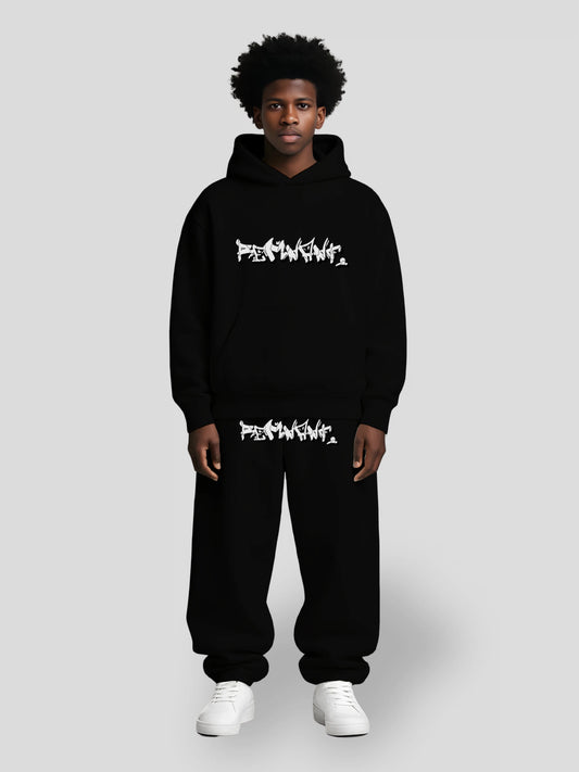 REMNANT. black oversized hoodie and sweatpants set – heavyweight 380 GSM streetwear with graffiti print, drop shoulders, and baggy fit for urban fashion lovers

