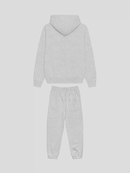 Back view of REMNANT. COLD THEORY.01 grey oversized tracksuit – relaxed unisex streetwear fleece set with double-layer hood and elastic cuffs