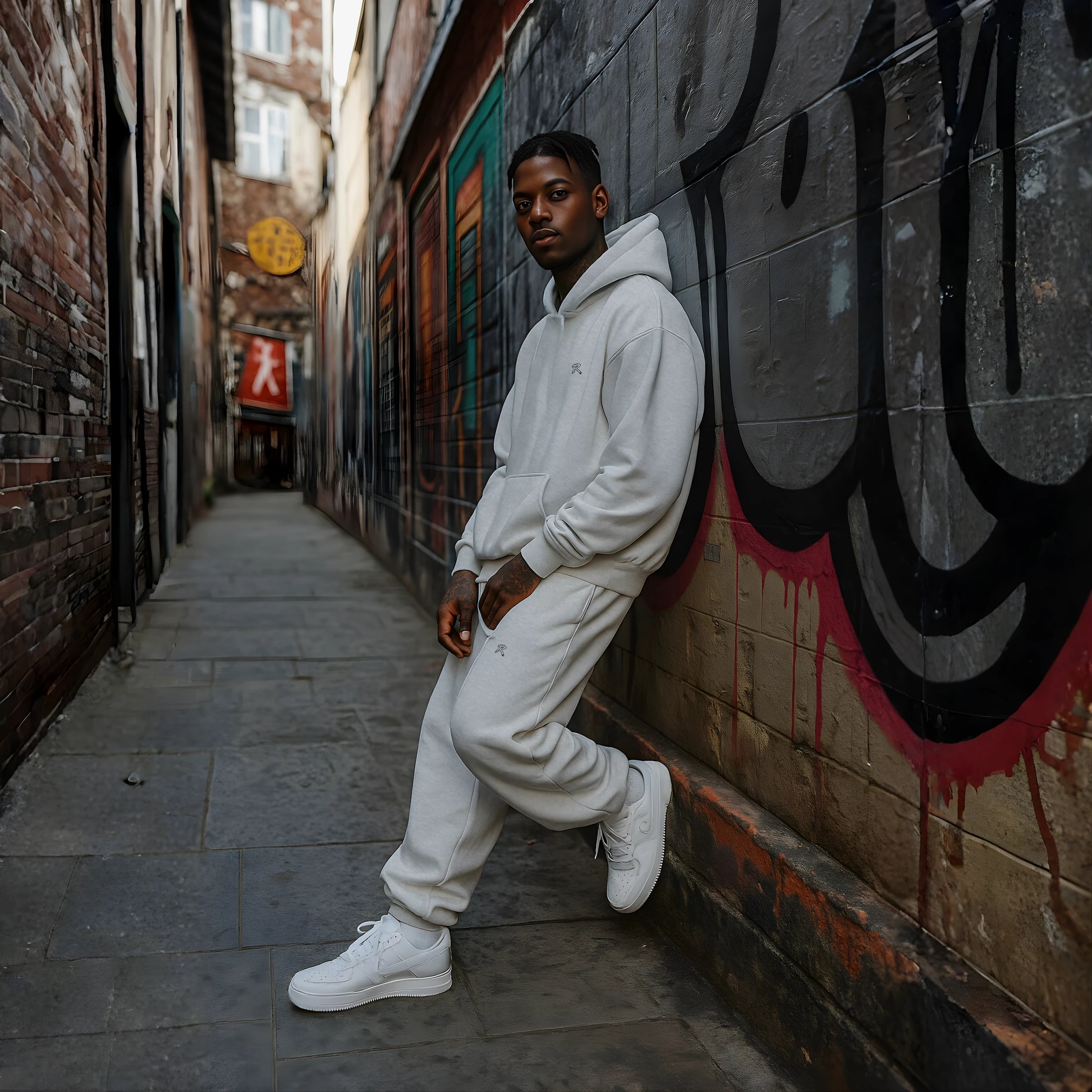 Male model wearing REMNANT. COLD THEORY.01 oversized grey fleece set – minimalist heavyweight hoodie and matching sweatpants with subtle embroidered R logo, 90s-inspired unisex streetwear photographed in a narrow urban graffiti alley.