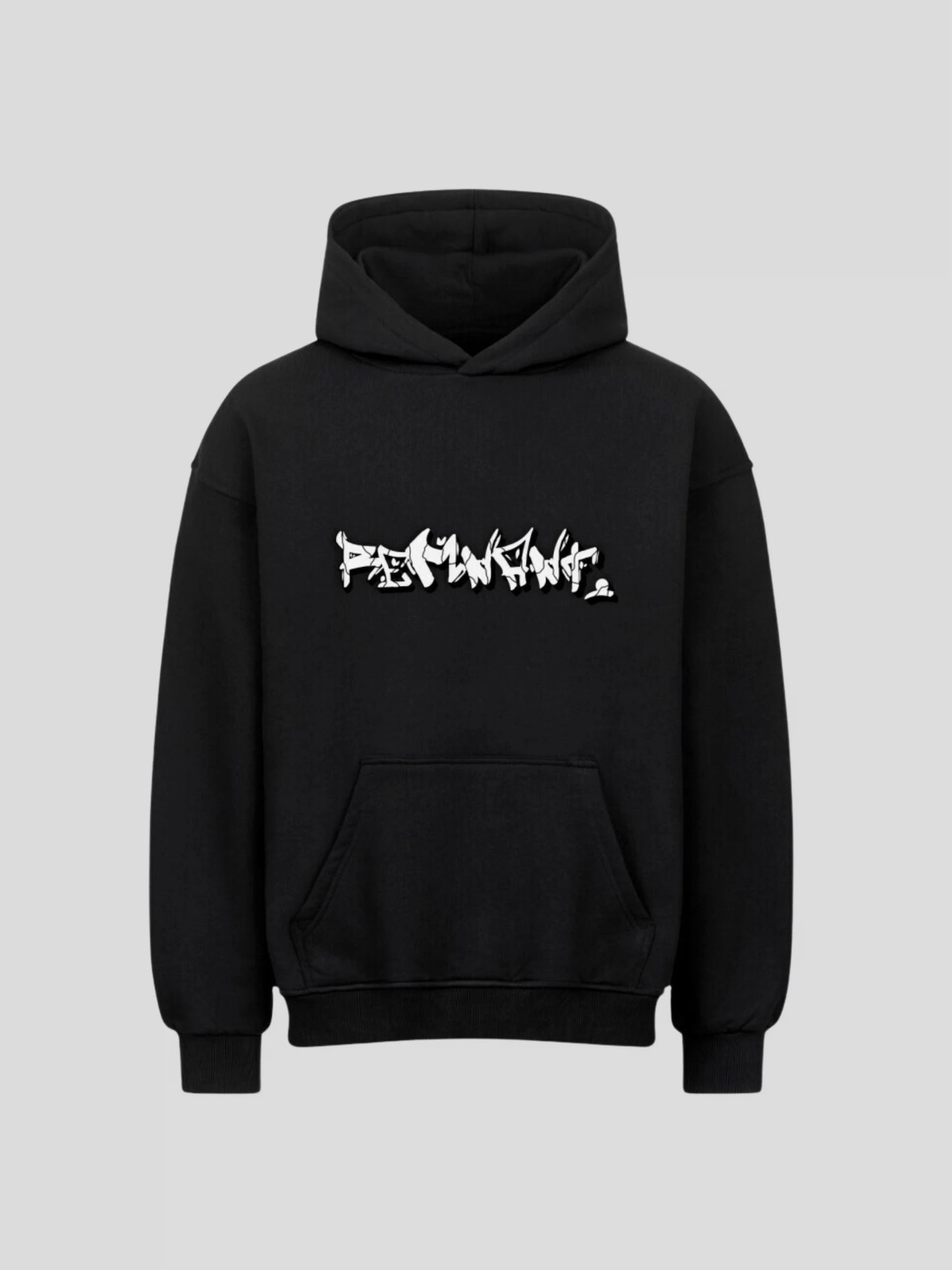 Front view of the black DROP.ØNE REMNANT. Hoodie with bold graffiti logo print – oversized 380 GSM streetwear design