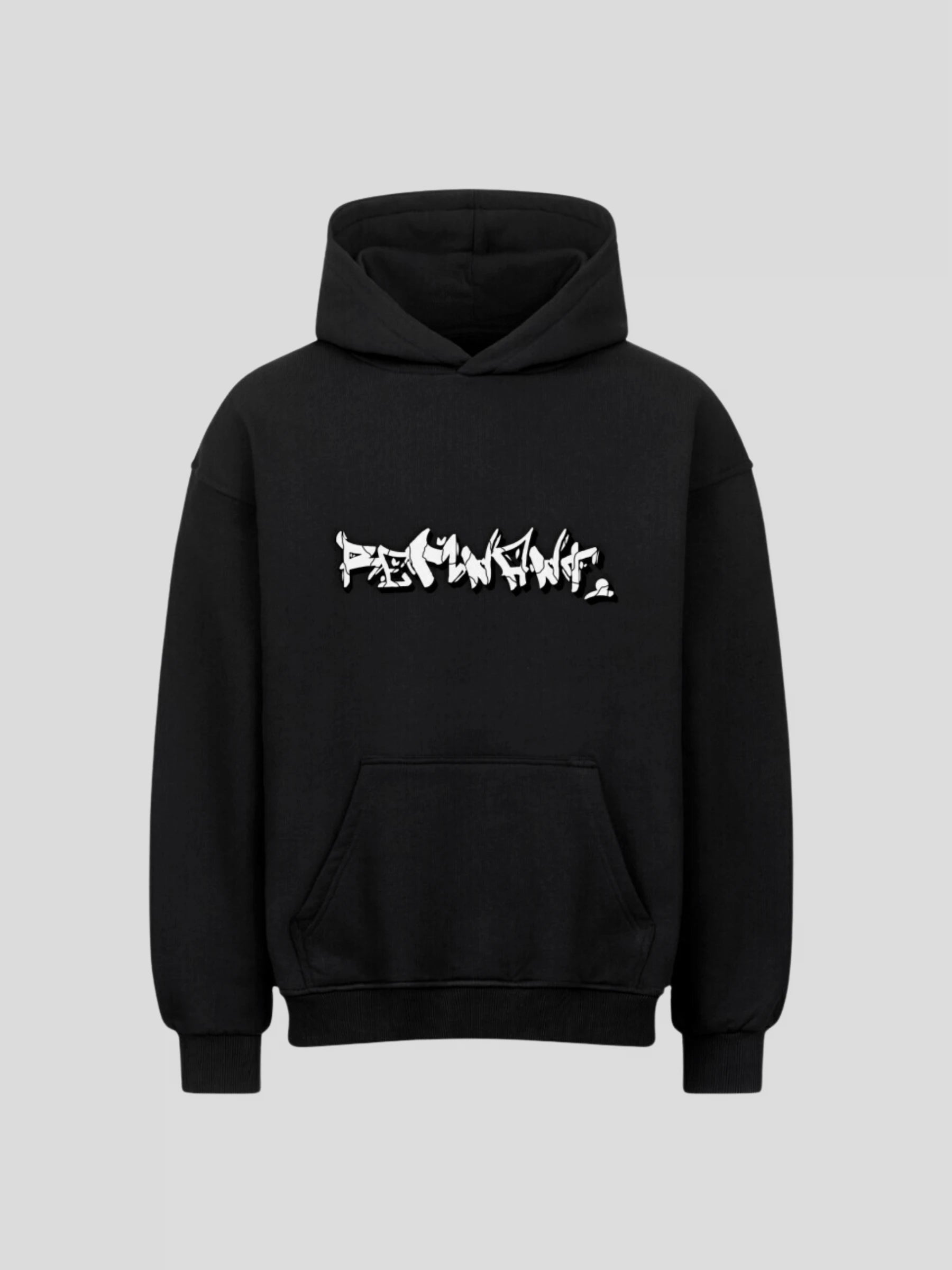 Front view of the black DROP.ØNE REMNANT. Hoodie with bold graffiti logo print – oversized 380 GSM streetwear design