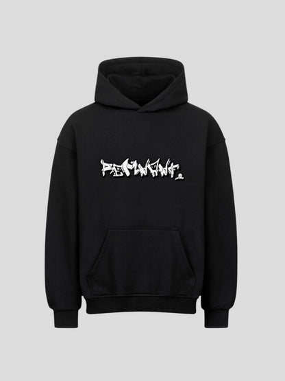 Front view of the black DROP.ØNE REMNANT. Hoodie with bold graffiti logo print – oversized 380 GSM streetwear design