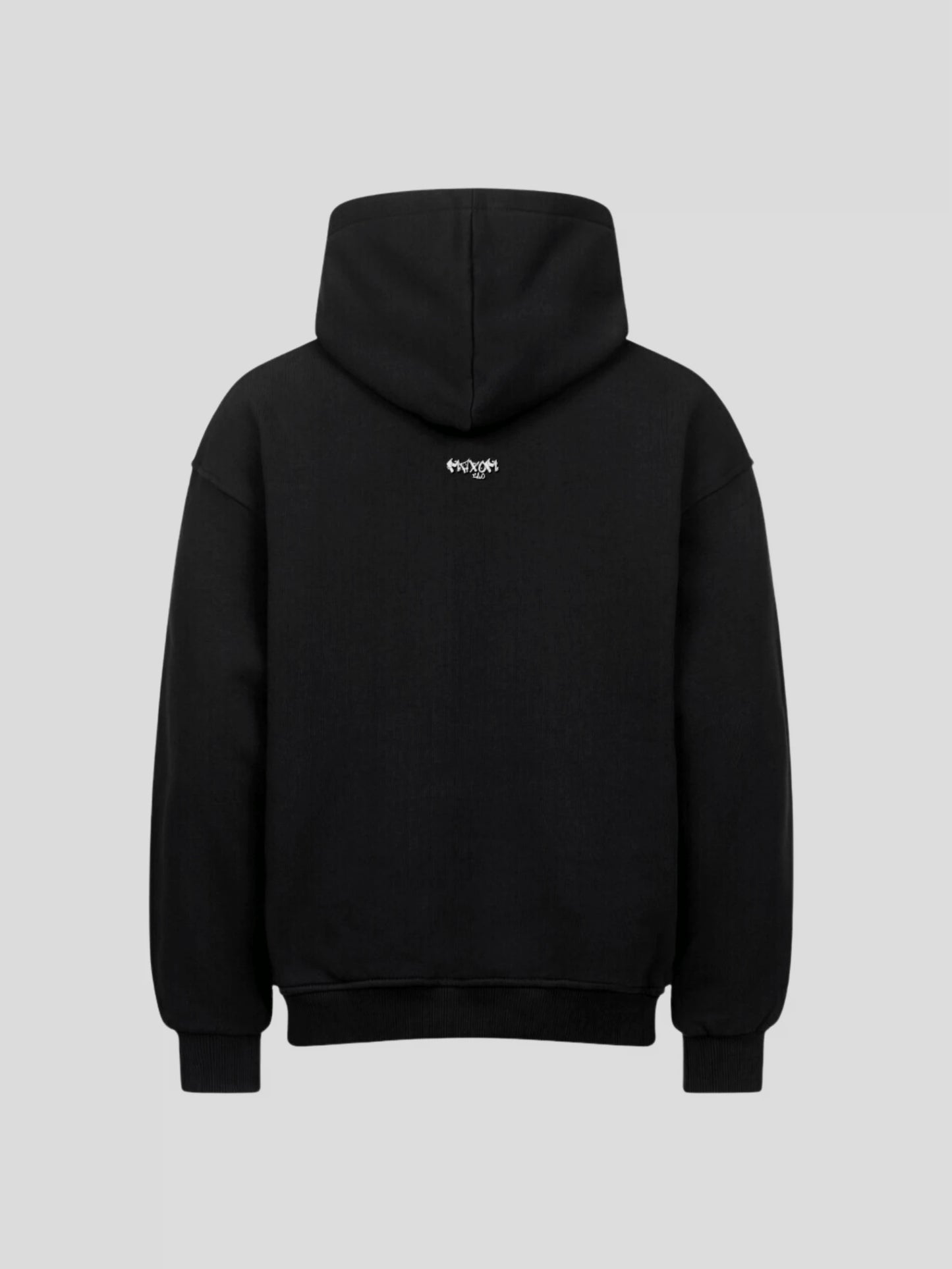 Back view of the black DROP.ØNE REMNANT. Hoodie showing minimalist neck logo by MAXOMclo