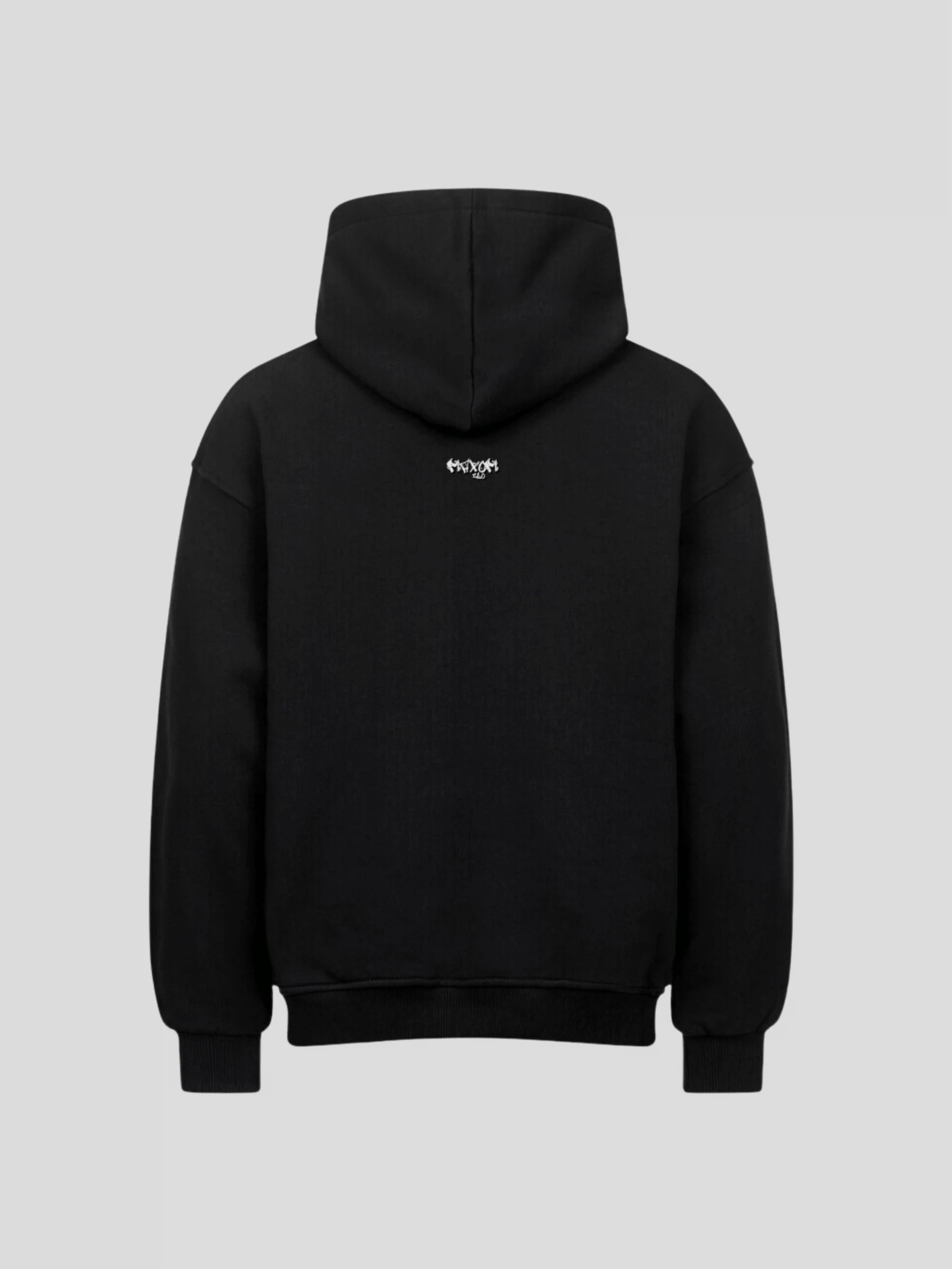 Back view of the black DROP.ØNE REMNANT. Hoodie showing minimalist neck logo by MAXOMclo