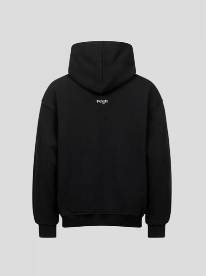 Back view of the black DROP.ØNE REMNANT. Hoodie showing minimalist neck logo by MAXOMclo