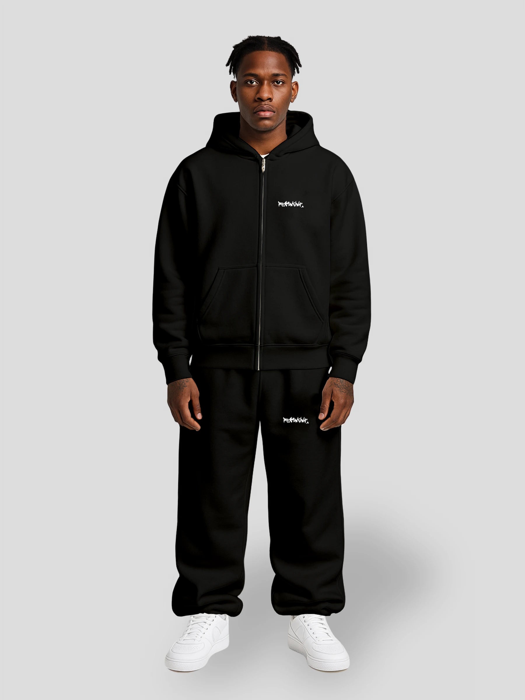 REMNANT ECLIPSE_R0 Black Streetwear Set by MAXOMclo – oversized zipper hoodie and baggy sweatpants with graffiti logo front view