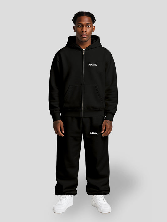 REMNANT ECLIPSE_R0 Black Streetwear Set by MAXOMclo – oversized zipper hoodie and baggy sweatpants with graffiti logo front view