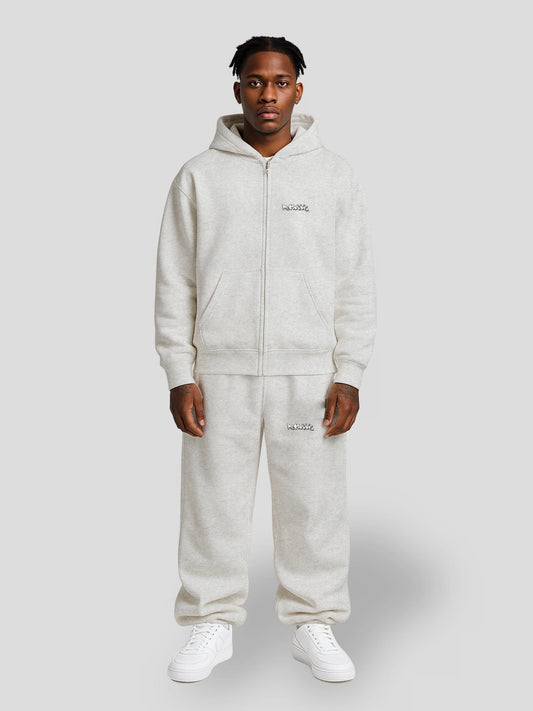 REMNANT ECLIPSE_R0 Grey Streetwear Set by MAXOMclo – oversized zip hoodie and baggy sweatpants with graffiti logo front view