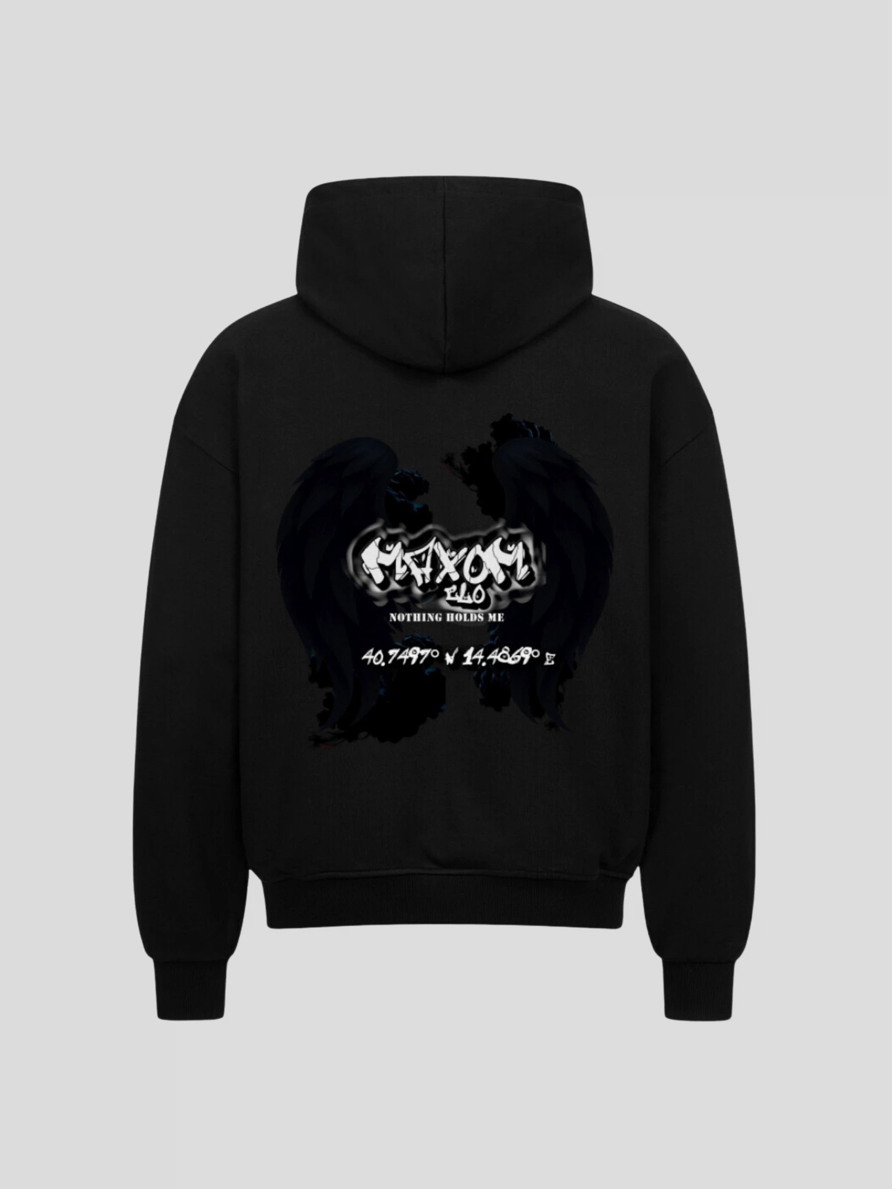 Back view of REMNANT. ECLIPSE_R0 black hoodie showing angel wings graphic and motivational quote print