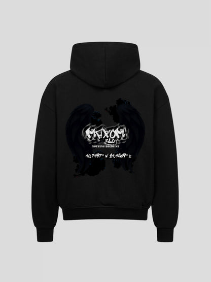 Back view of REMNANT. ECLIPSE_R0 black hoodie showing angel wings graphic and motivational quote print
