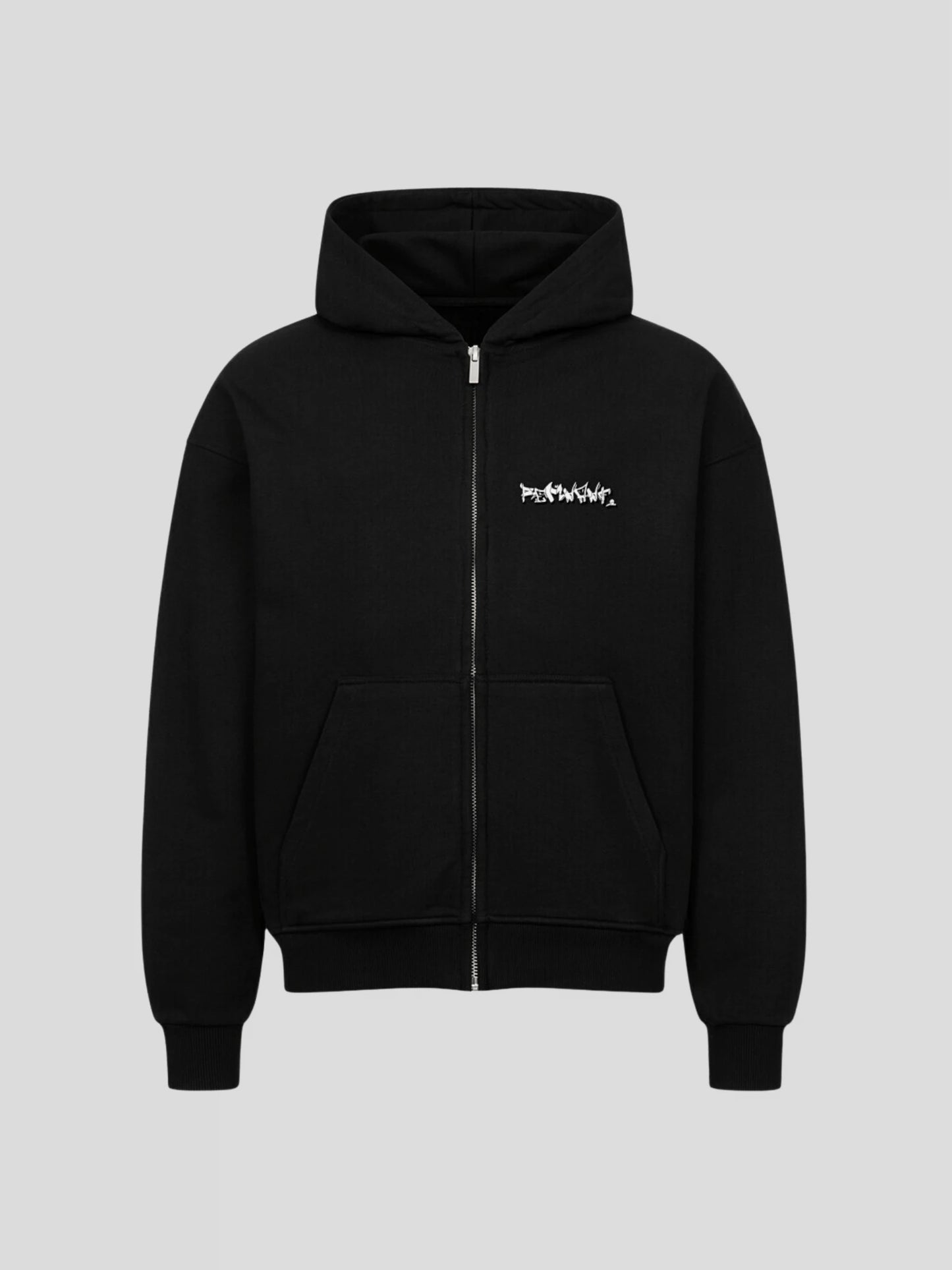 Front view of REMNANT. ECLIPSE_R0 Oversized Zipper Hoodie in black – minimalist streetwear logo design