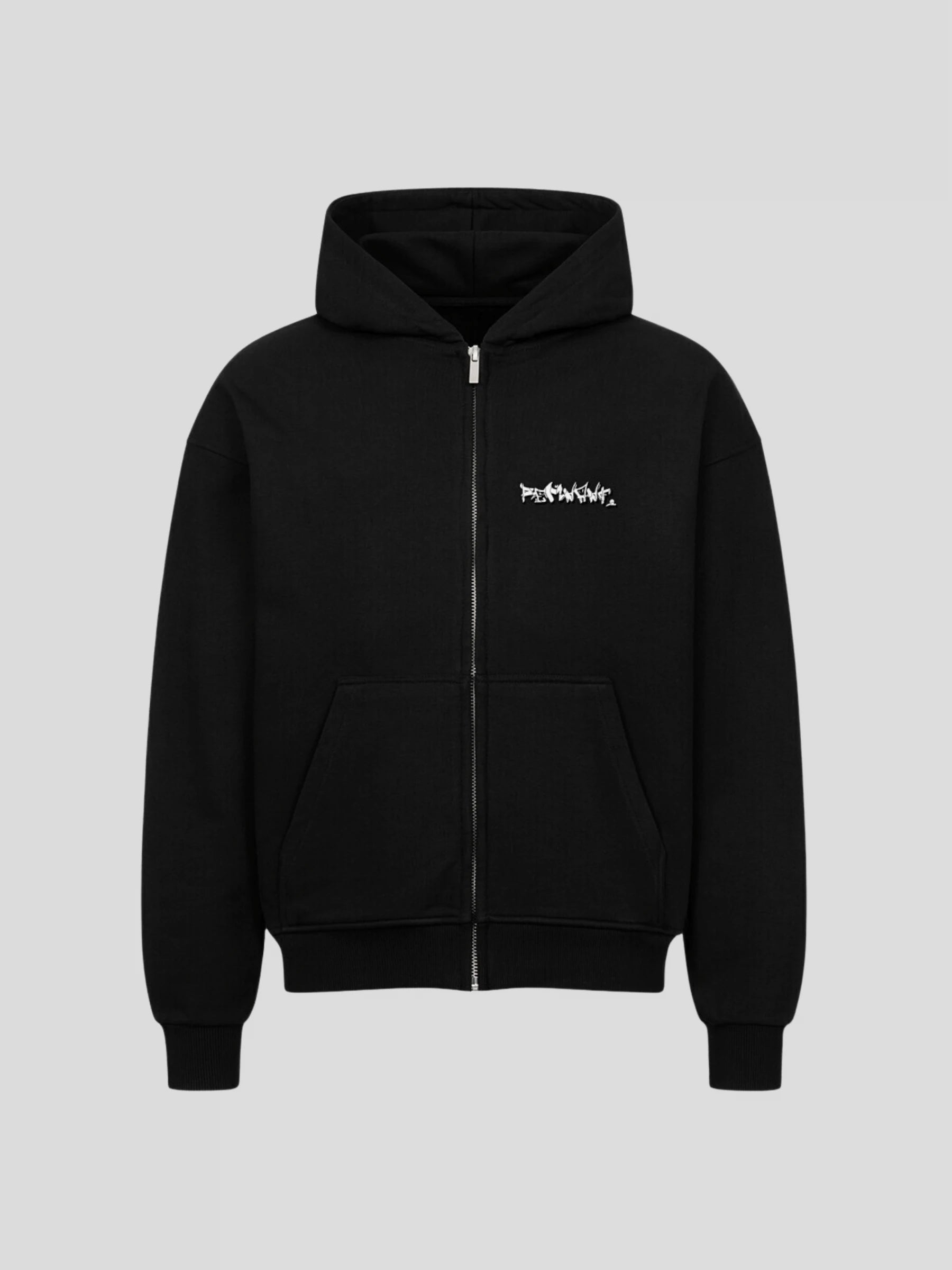 Front view of REMNANT. ECLIPSE_R0 Oversized Zipper Hoodie in black – minimalist streetwear logo design