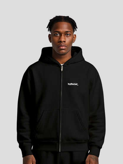 Model wearing REMNANT. ECLIPSE_R0 Oversized Zipper Hoodie in black – luxury heavyweight streetwear look