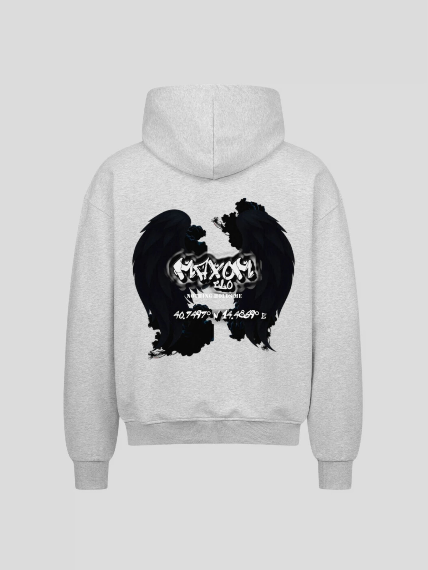 Back view of REMNANT. ECLIPSE_R0 grey hoodie showing angel wings graphic and coordinates print