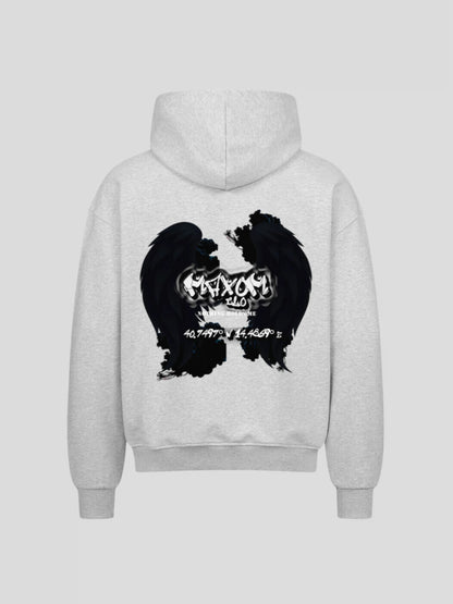 Back view of REMNANT. ECLIPSE_R0 grey hoodie showing angel wings graphic and coordinates print
