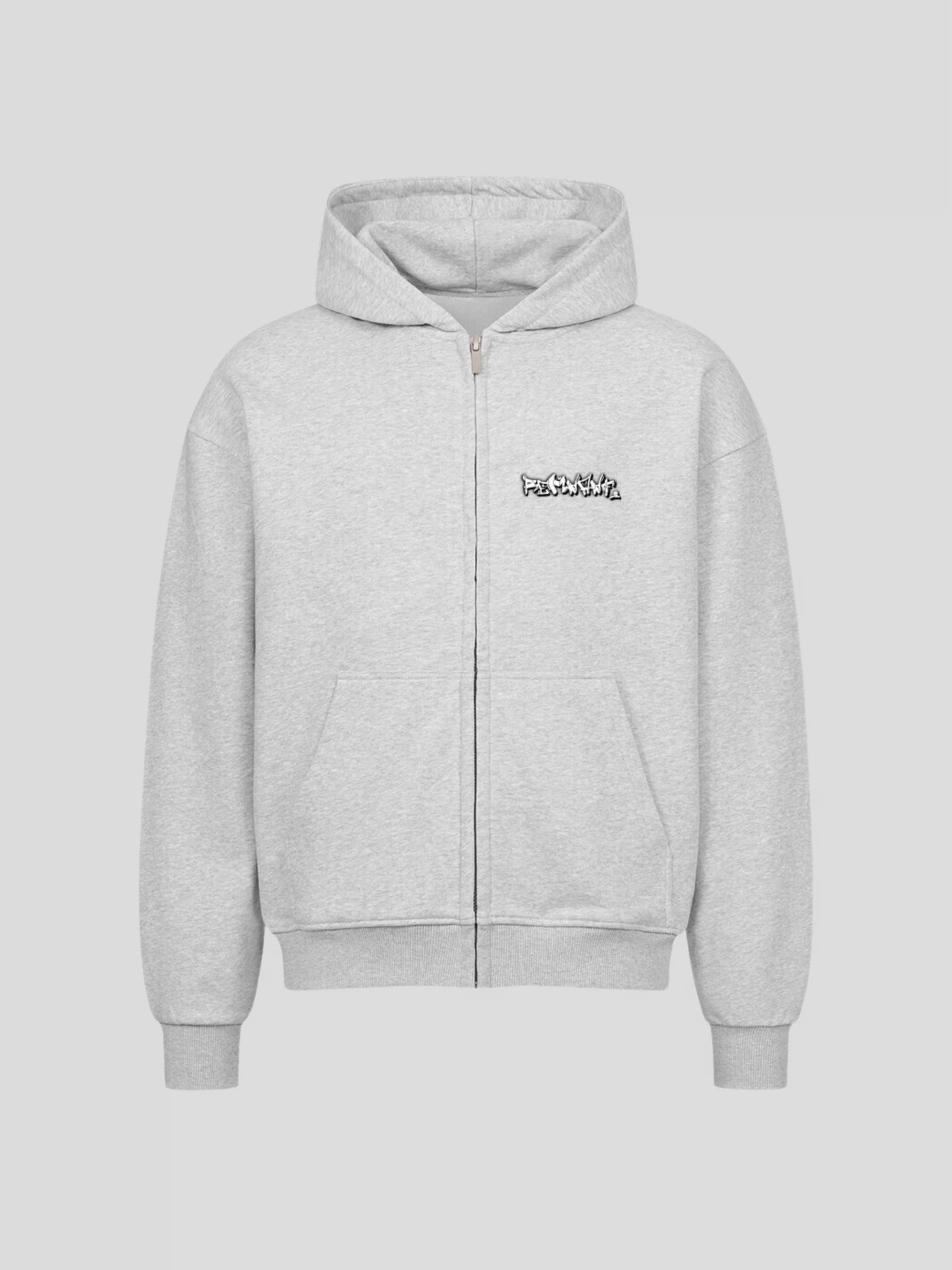Front view of REMNANT. ECLIPSE_R0 Oversized Zipper Hoodie in grey – minimalist streetwear design