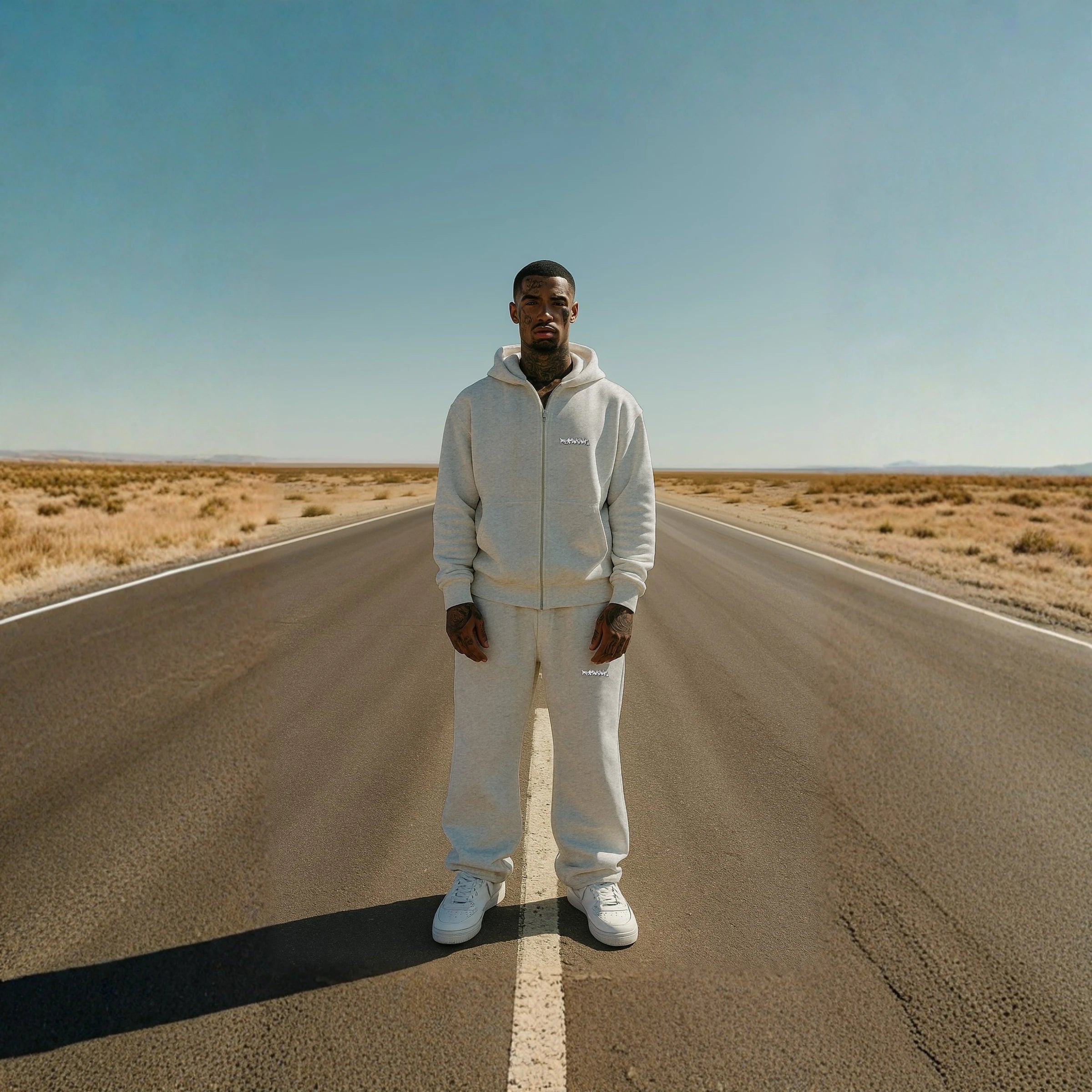 Male model wearing REMNANT. ECLIPSE_R0 oversized grey streetwear set – heavyweight zip hoodie and baggy sweatpants with motivational graffiti prints and angel-wing artwork, photographed standing on an empty desert road under clear sky.