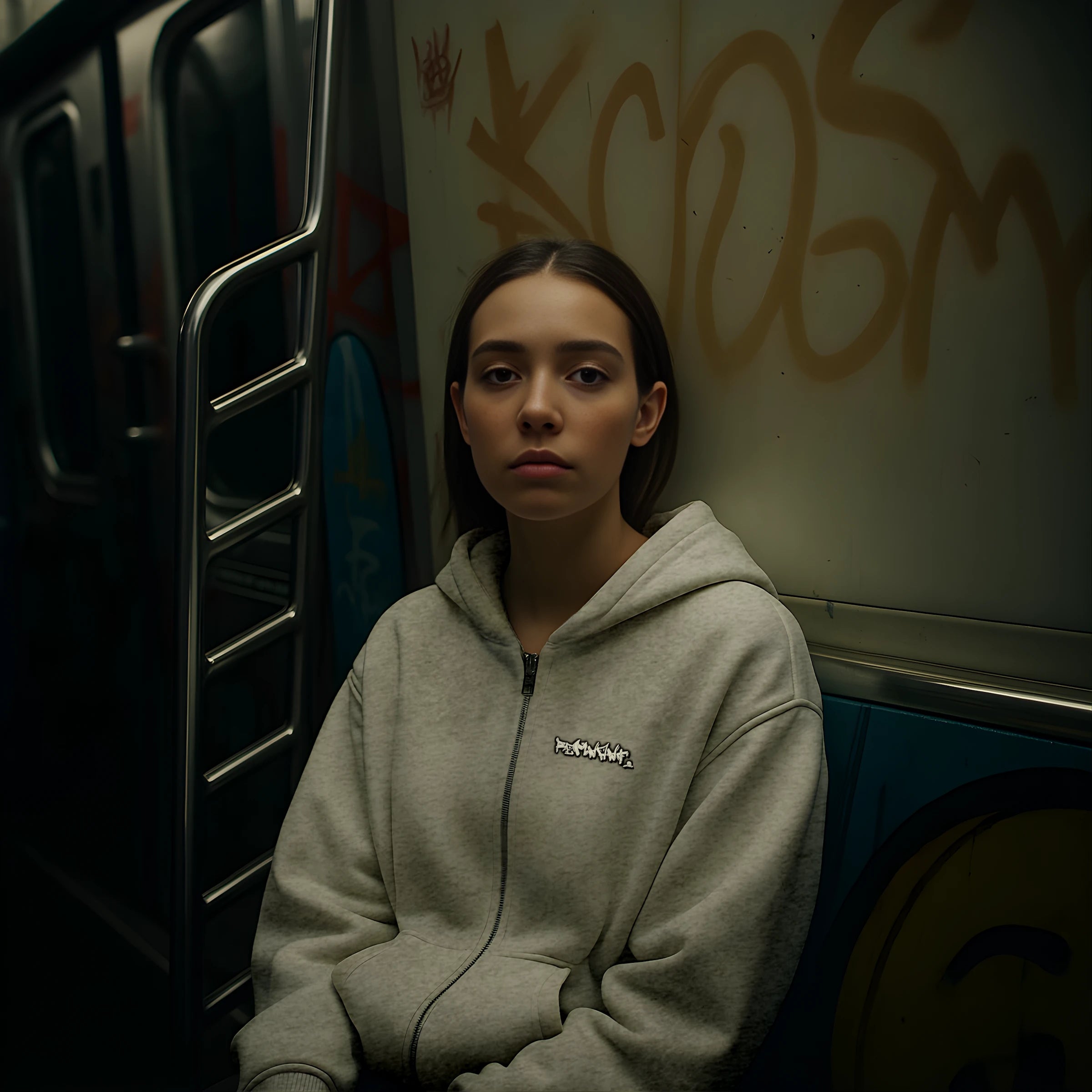 Female model wearing REMNANT. ECLIPSE_R0 oversized grey zipper hoodie inside a graffiti-tagged subway train; heavyweight 430 GSM streetwear hoodie with minimalist graffiti logo and urban aesthetic.
