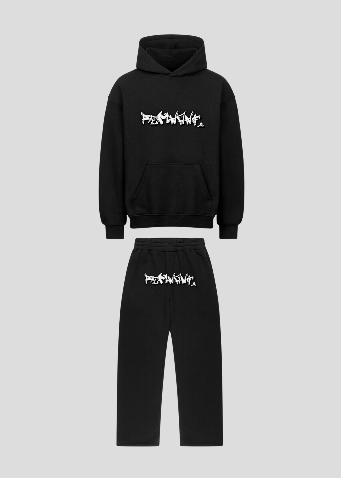 Front flatlay of black oversized graffiti hoodie and sweatpants set