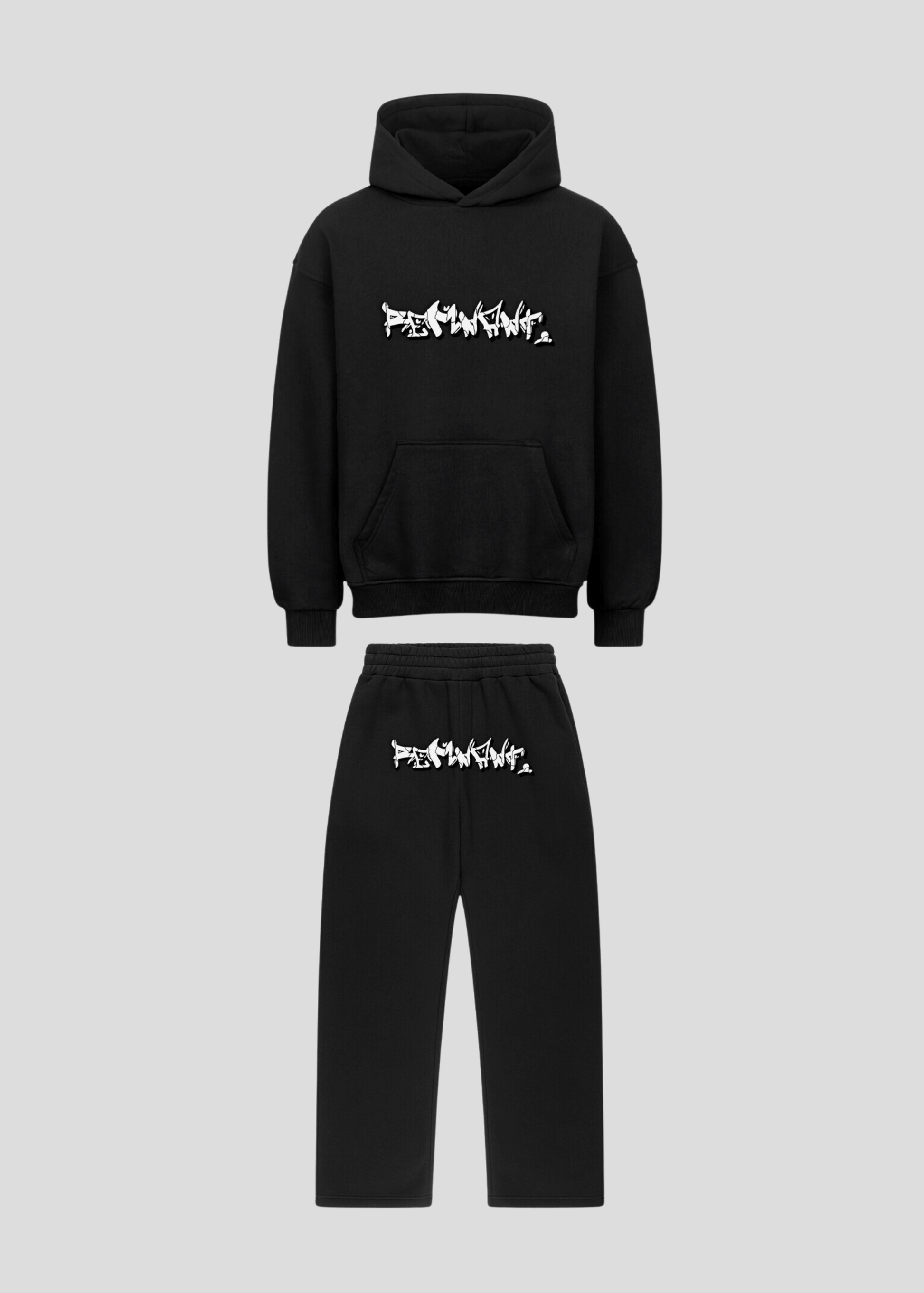 Front flatlay of black oversized graffiti hoodie and sweatpants set