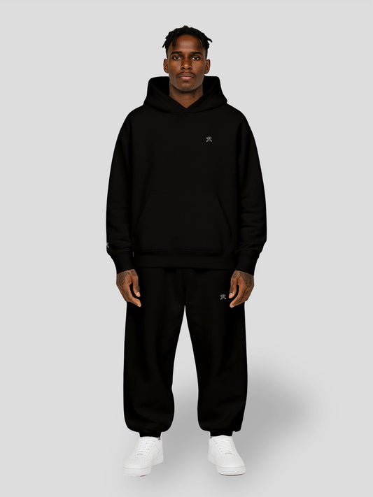 REMNANT. NOIR THEORY.01 Black Oversized Fleece Set – minimal unisex streetwear hoodie and sweatpants outfit made from heavyweight brushed fleece