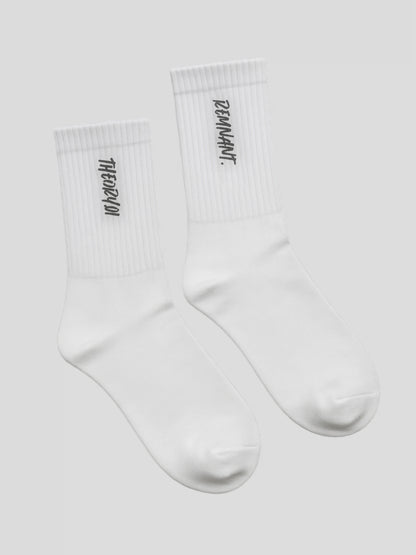 Black REMNANT. THEORY01 embroidered streetwear socks with cushioned sole – premium cotton design