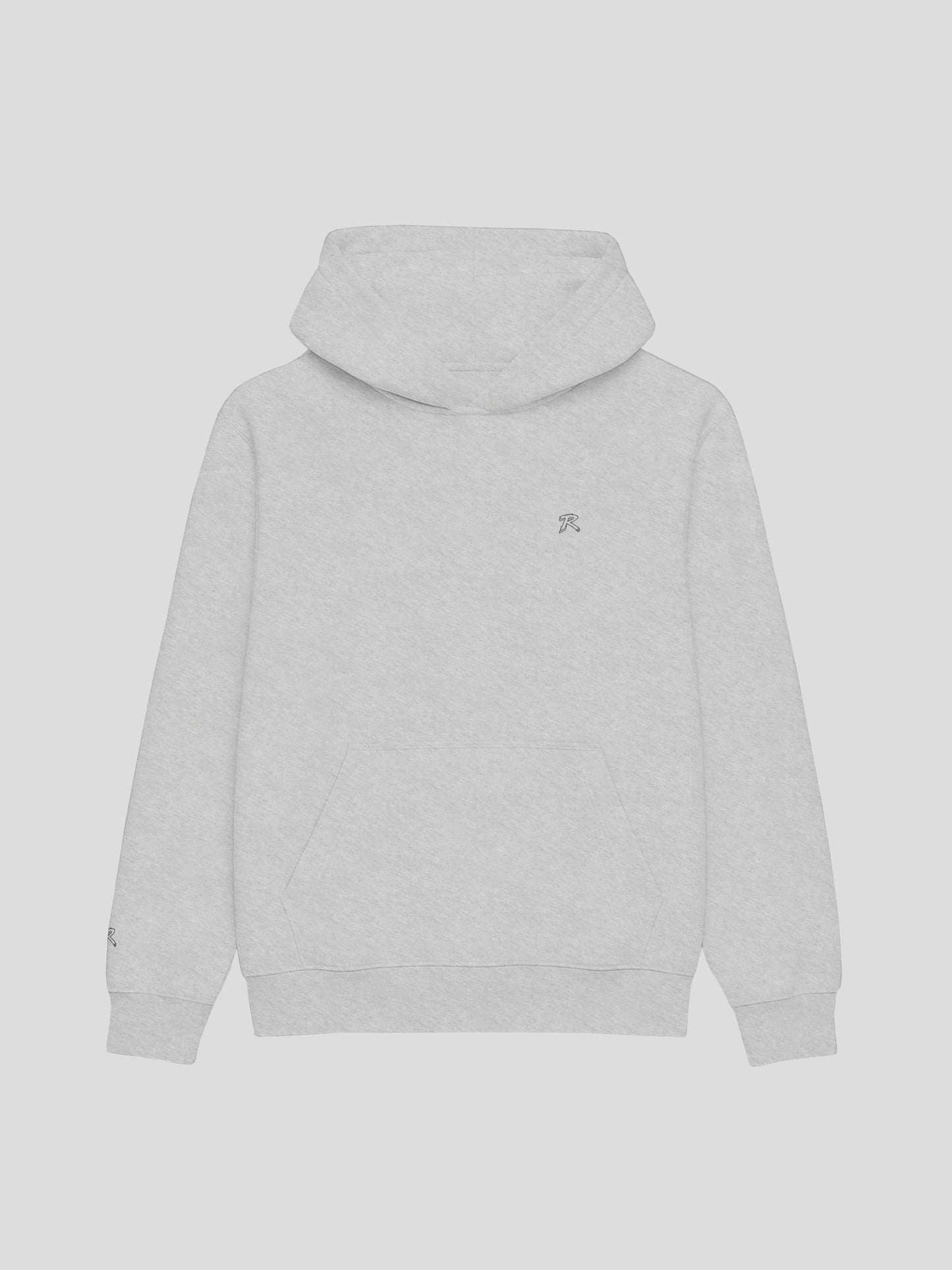 Front view of REMNANT. THEORY.01 Hoodie in COLD Grey – oversized heavyweight fleece hoodie with minimalist embroidered R logo