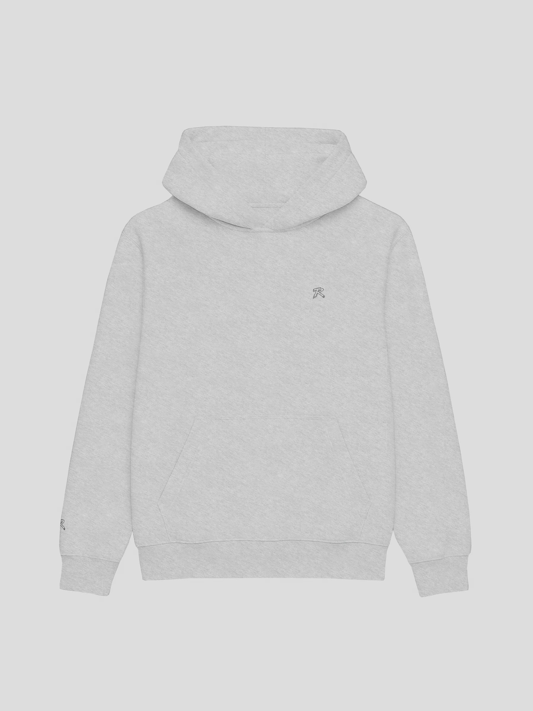 Front view of REMNANT. THEORY.01 Hoodie in COLD Grey – oversized heavyweight fleece hoodie with minimalist embroidered R logo