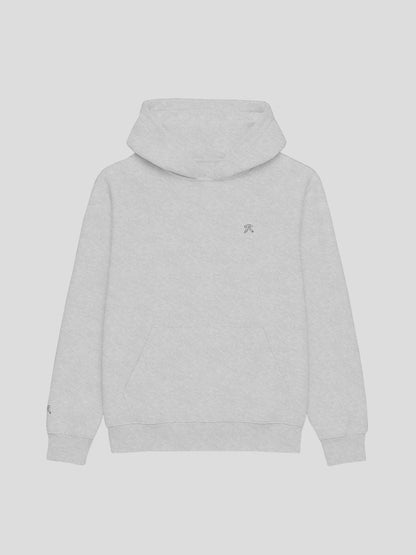 Front view of REMNANT. THEORY.01 Hoodie in COLD Grey – oversized heavyweight fleece hoodie with minimalist embroidered R logo