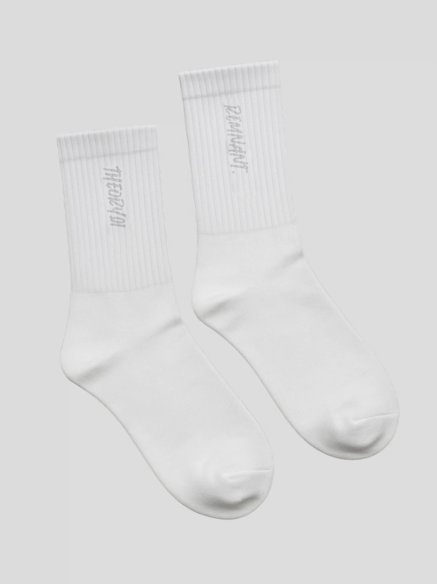 White REMNANT. THEORY01 embroidered streetwear socks with cushioned sole – premium cotton design