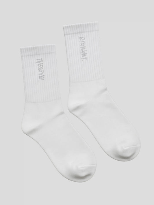 White REMNANT. THEORY01 embroidered streetwear socks with cushioned sole – premium cotton design