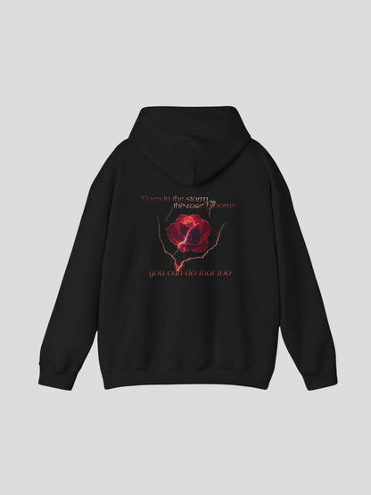Back view of the Black Rose Graphic Hoodie featuring rose print with motivational quote – positive message graphic hoodie for everyday confidence.