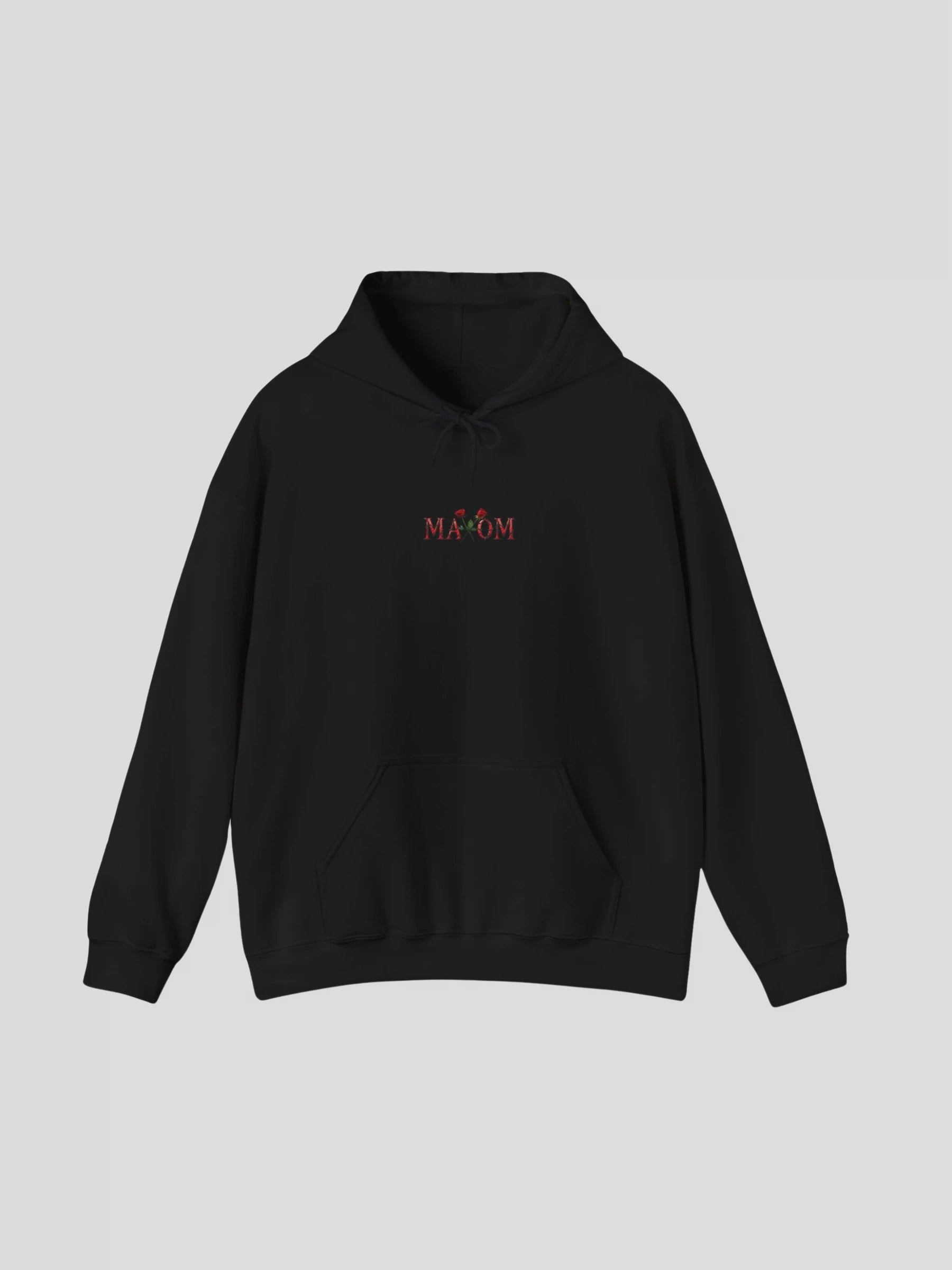 Front view of the Black Rose Streetwear Hoodie with embroidered rose logo and MAXOM branding – a luxury streetwear hoodie with rose design.