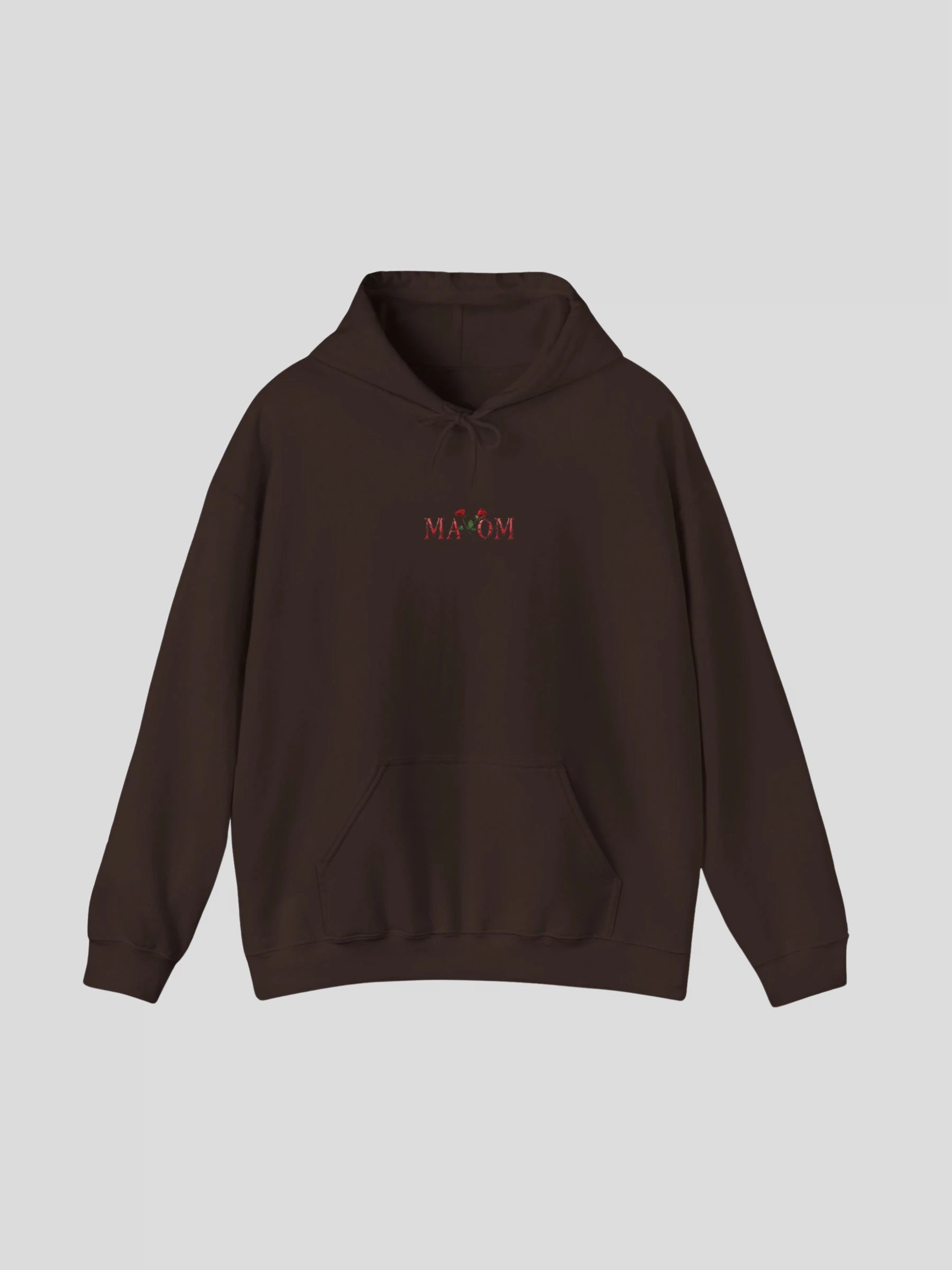 Front view of the Dark Chocolate Rose Hoodie with rose print design and subtle MAXOM logo embroidery.