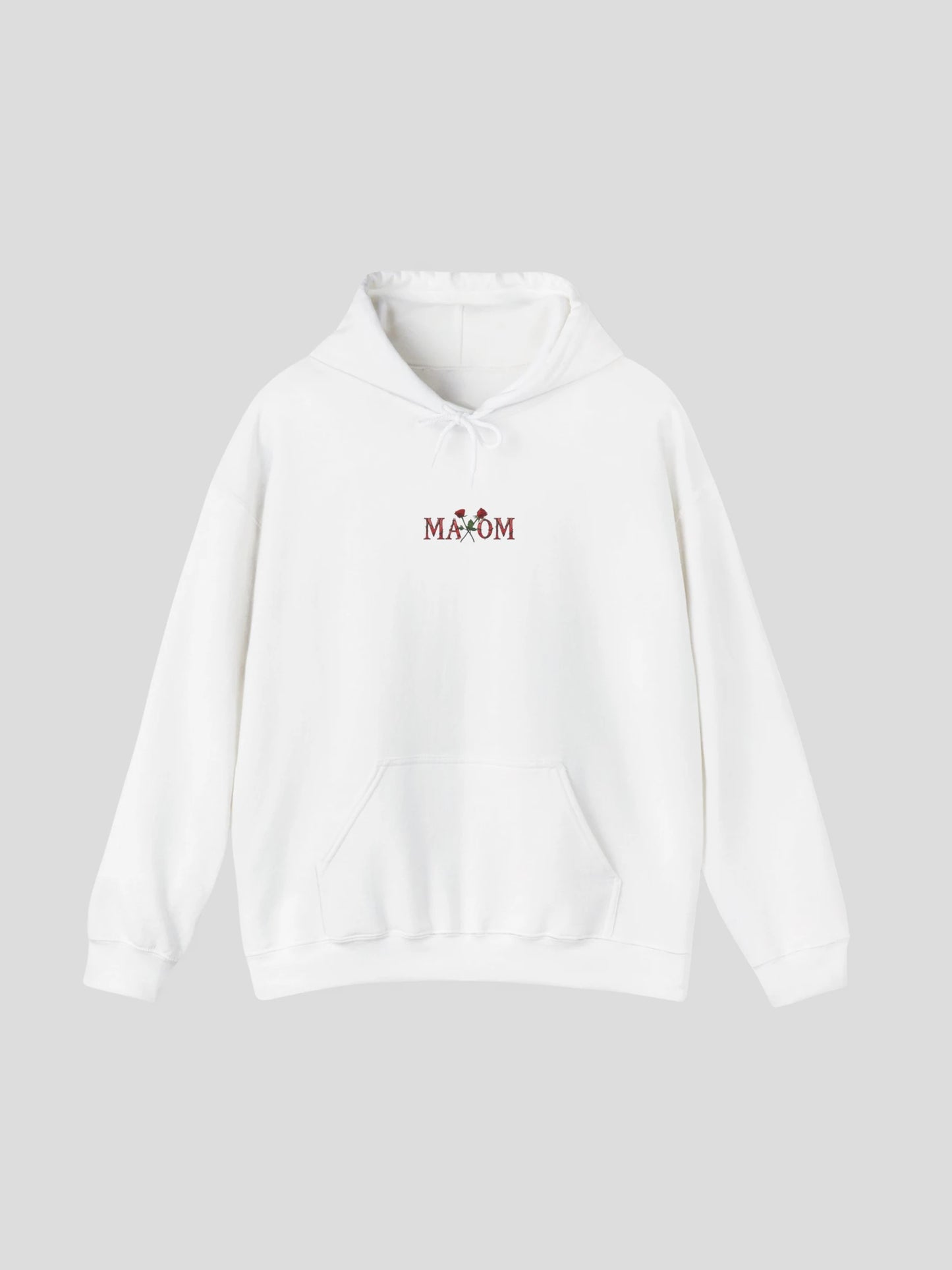 Front view of the White Rose Streetwear Hoodie featuring a floral rose logo print and minimalist MAXOM branding – a luxury streetwear hoodie with rose design.