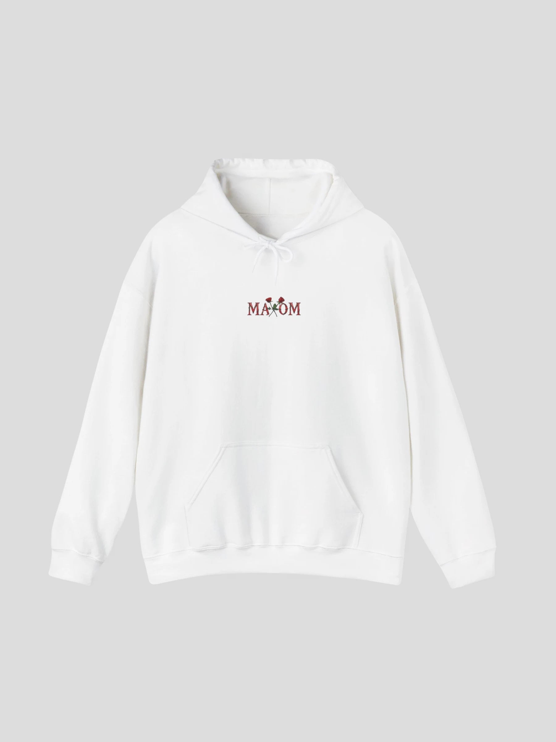 Front view of the White Rose Streetwear Hoodie featuring a floral rose logo print and minimalist MAXOM branding – a luxury streetwear hoodie with rose design.
