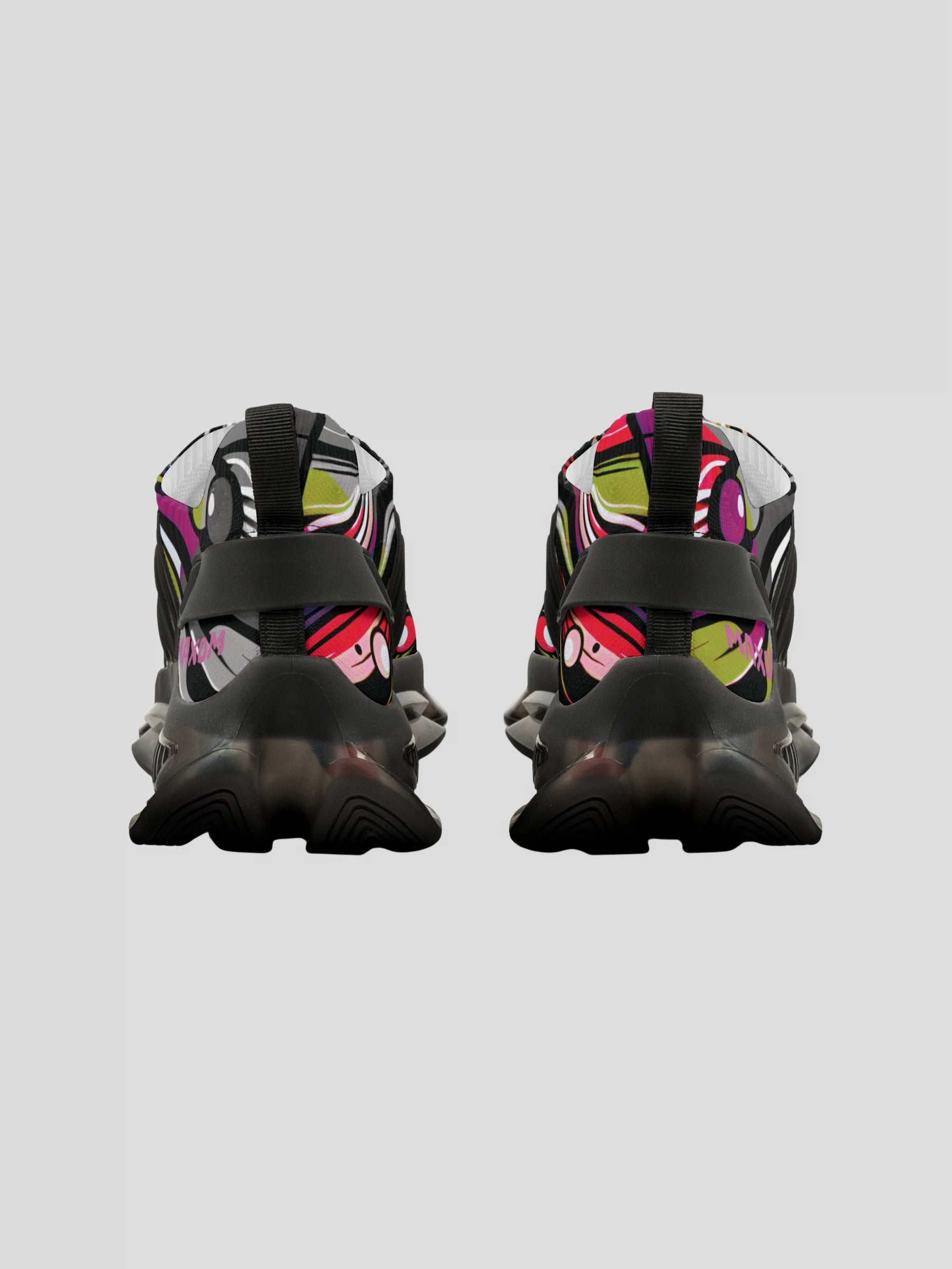 Rear view of MAXOMclo SoulStride Black Sneakers – bold abstract design and reinforced KPU heel for durability and comfort.