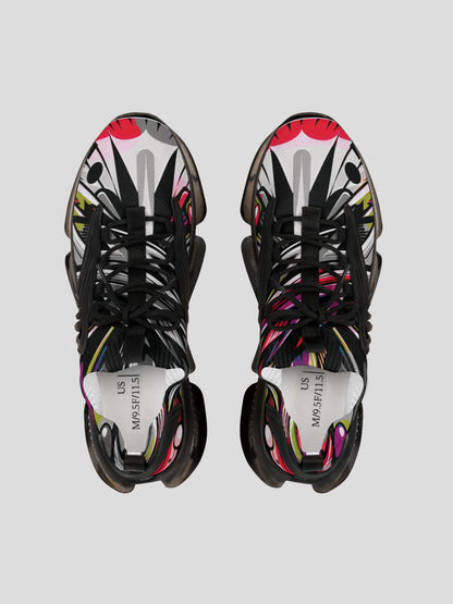 Top view of MAXOMclo SoulStride Black Sneakers – bold art-inspired pattern and white lace detailing for a modern streetwear look.