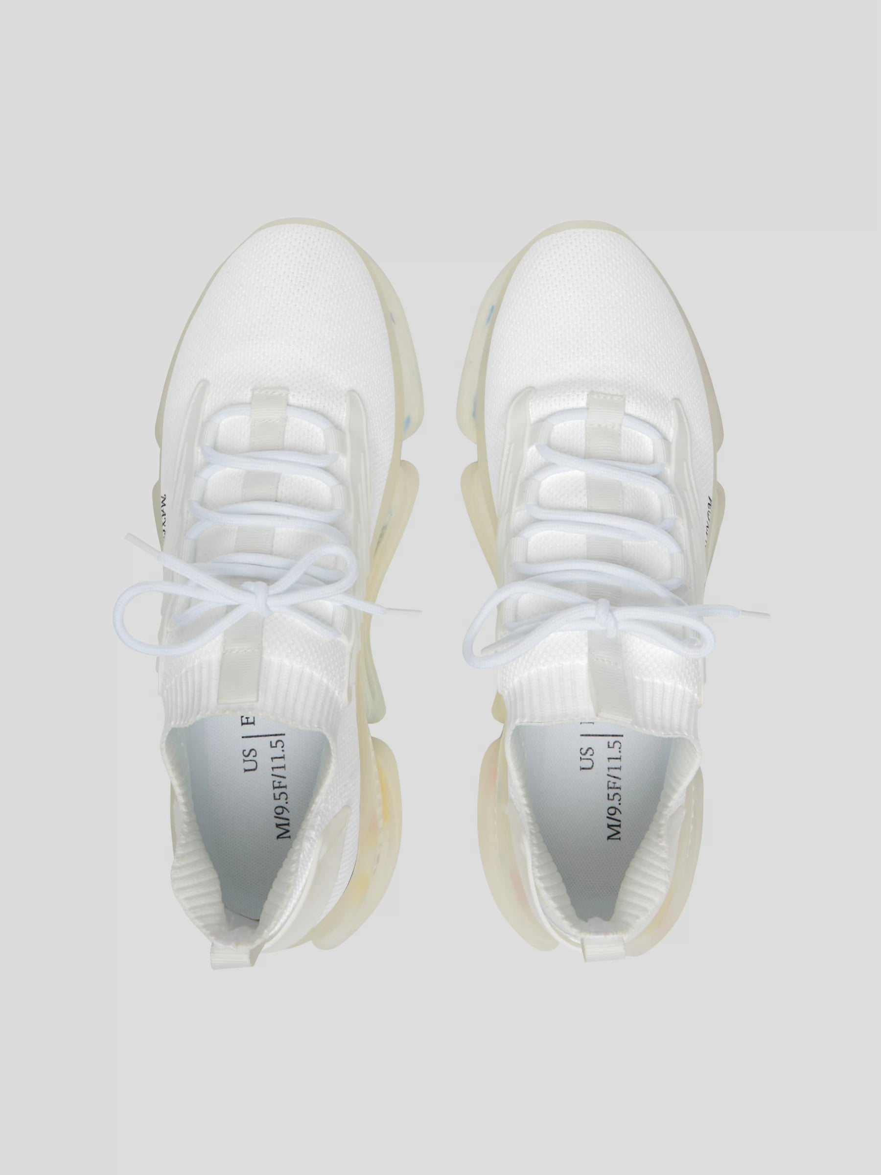 Top-down view of SoulStride Men’s White Sneakers by MAXOMclo – clean urban sneakers with mesh knit upper and white laces.