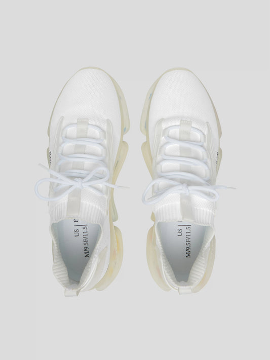 Top-down view of SoulStride Men’s White Sneakers by MAXOMclo – clean urban sneakers with mesh knit upper and white laces.