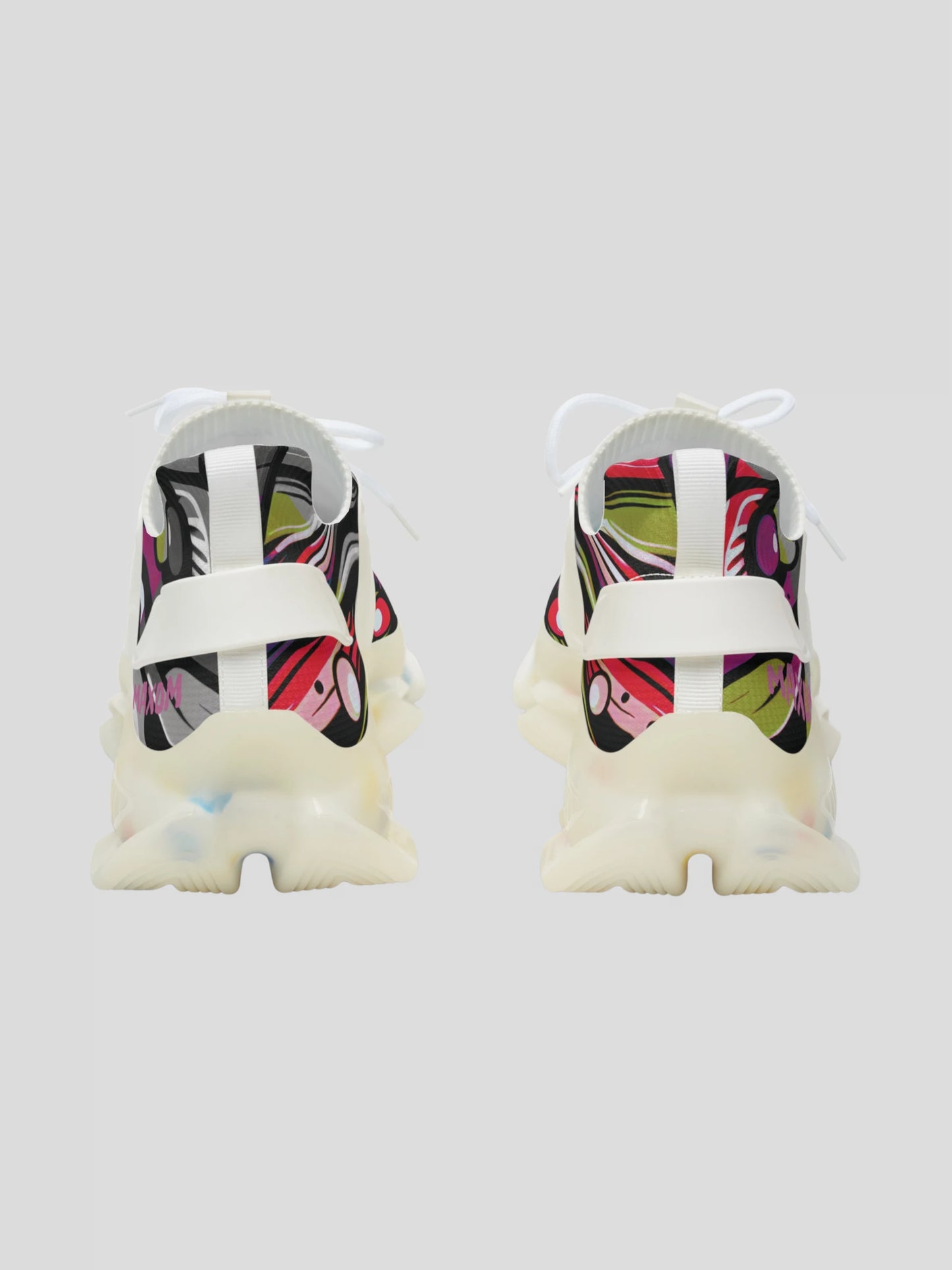 Rear view of MAXOMclo SoulStride White Sneakers – premium men’s sneakers with colorful abstract design and durable KPU heel structure.