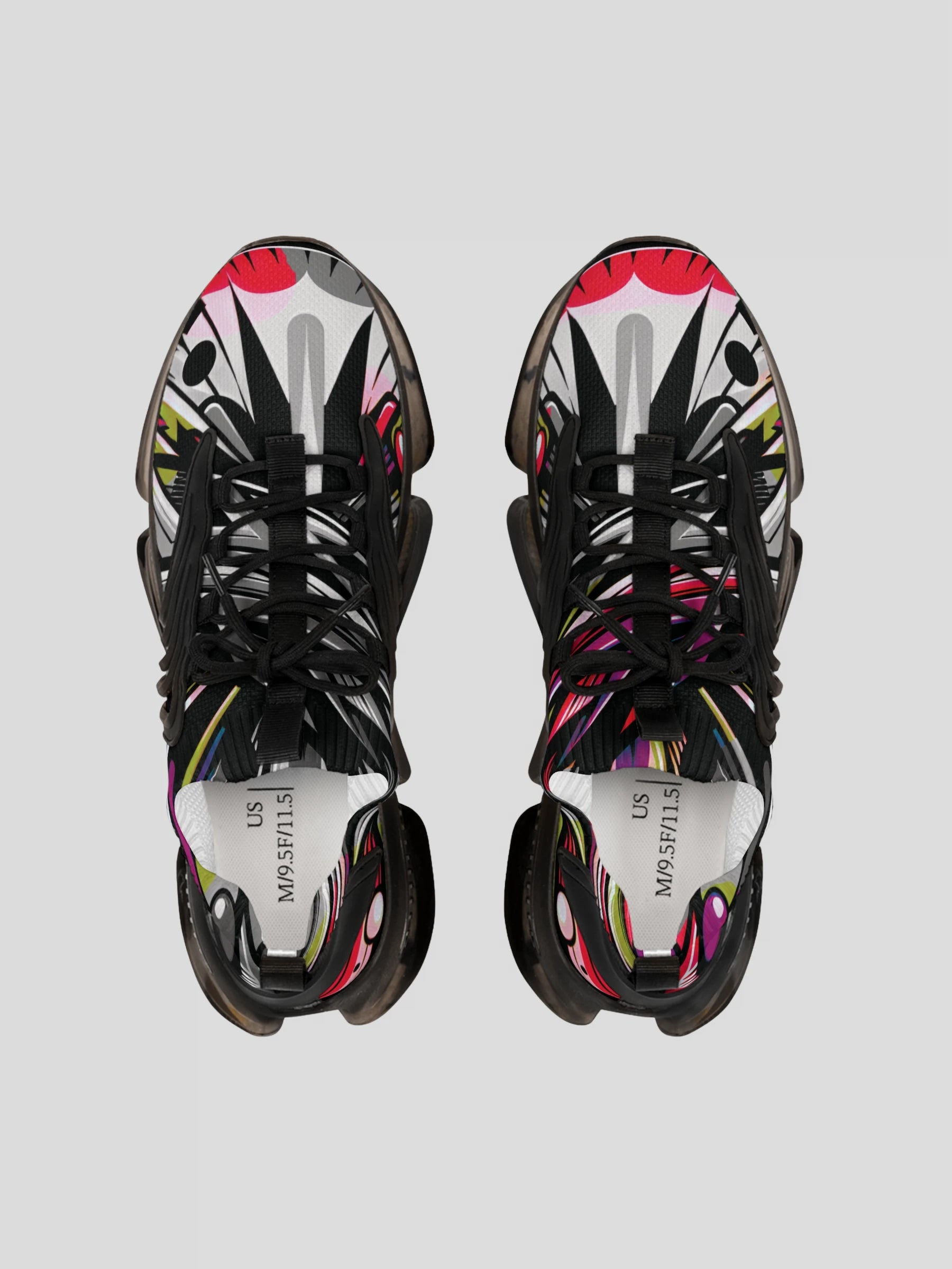 Top-down view of MAXOMclo SoulStride Women’s Sneakers Black – fashion-forward women’s sneakers with bold abstract detailing.