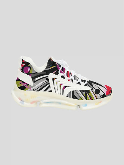 SoulStride Women’s Sneakers White – side view showing abstract art print and sleek streetwear silhouette.