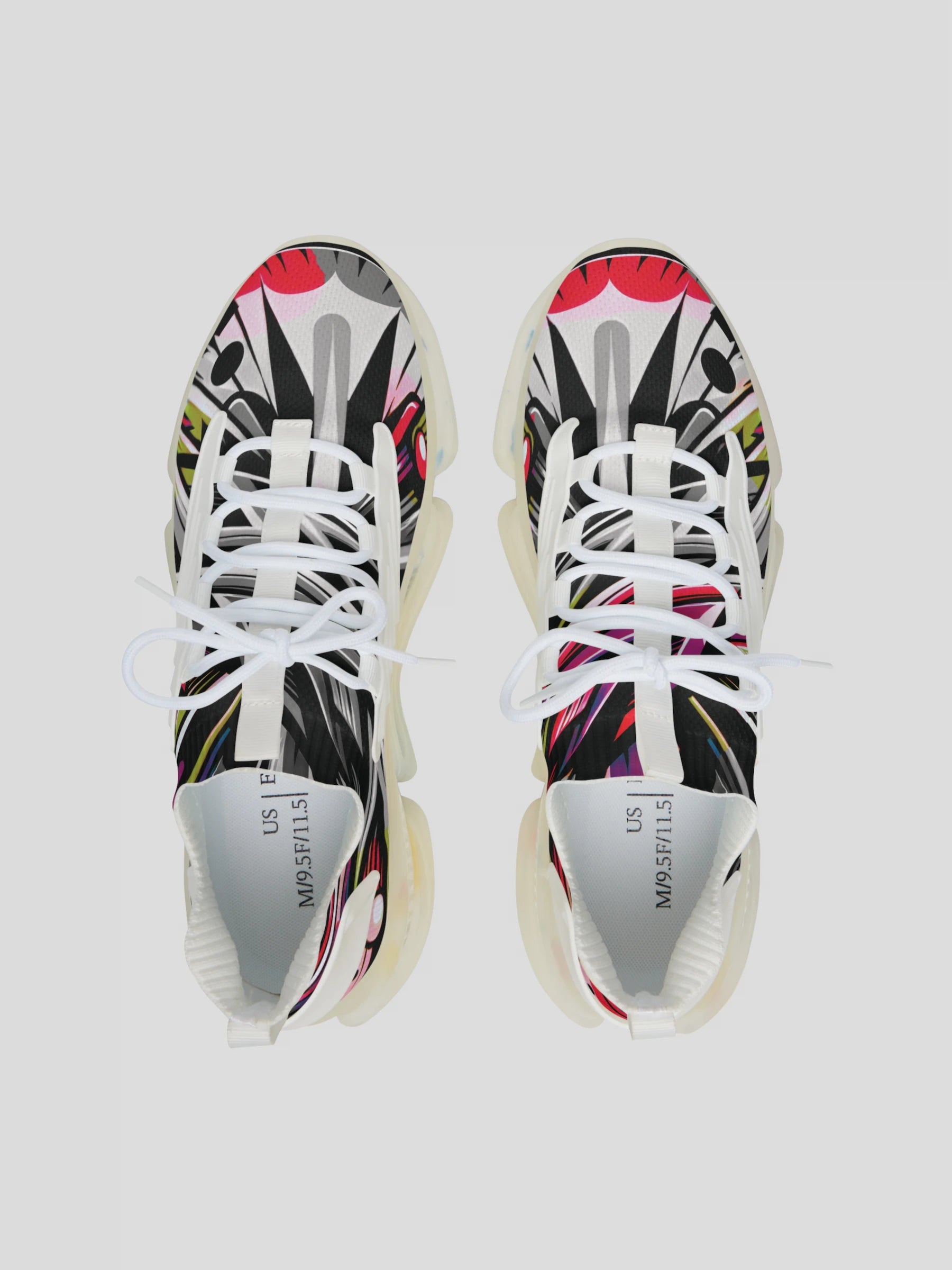 Top view of MAXOMclo SoulStride White Sneakers – bold women’s streetwear sneakers with white laces and modern art-inspired print.
