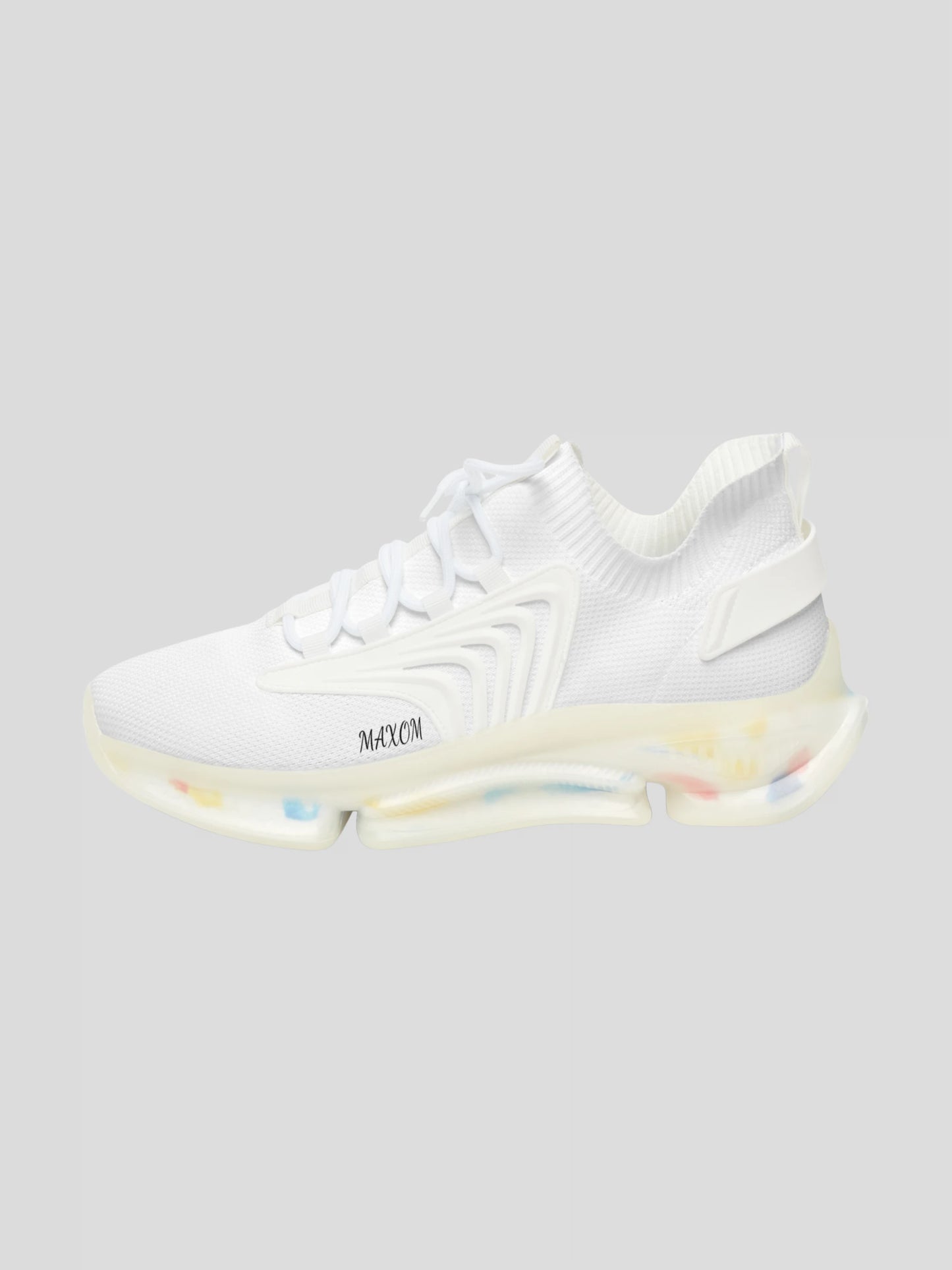 MAXOMclo SoulStride White Women’s Sneakers – outer side showcasing transparent sole and knit structure.