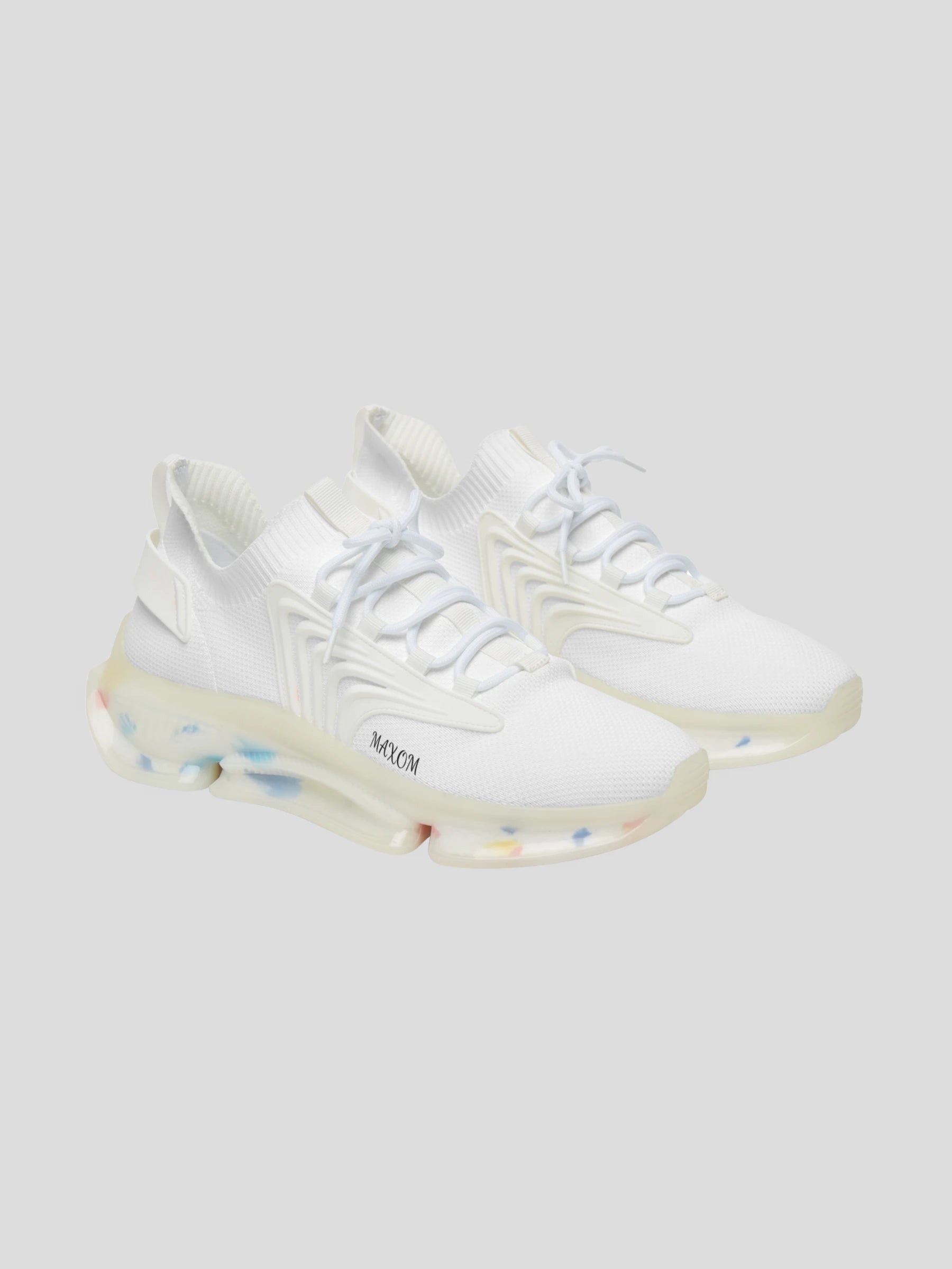 SoulStride Women’s White Sneakers by MAXOMclo – minimalist white streetwear sneakers with transparent EVA sole and colorful details.