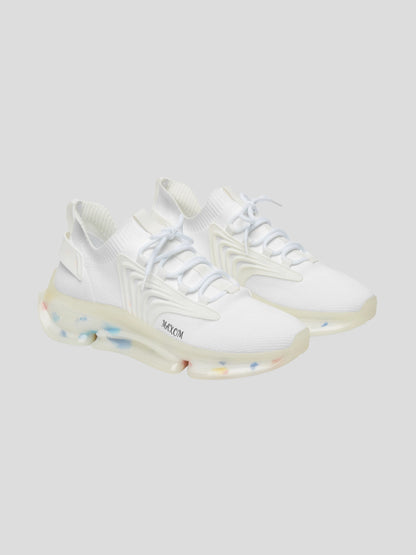 SoulStride Women’s White Sneakers by MAXOMclo – minimalist white streetwear sneakers with transparent EVA sole and colorful details.