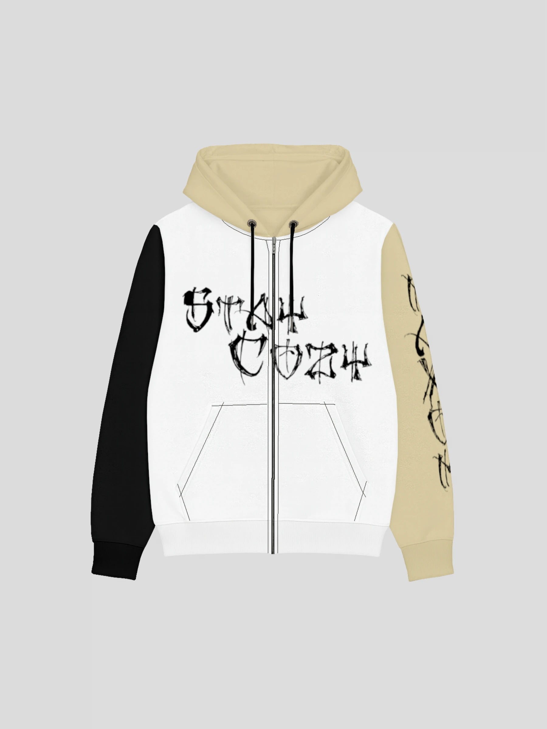 Front view of the Stay Cozy Sustainable Zip Hoodie by MAXOMclo – a sustainable streetwear hoodie made from recycled polyester, featuring a minimalist graffiti print and unisex relaxed fit.