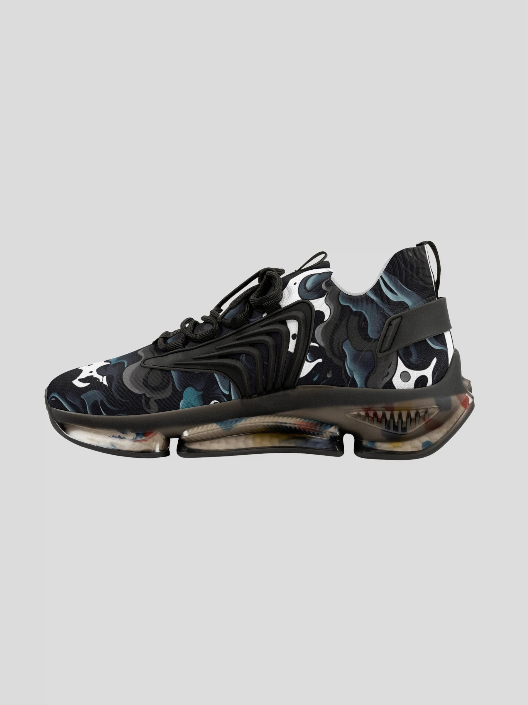 Inside right look at WOMENS REMNANT. FRACTURE sneaker with black-blue smoke graphic