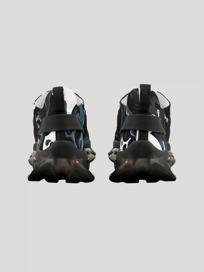 Back angle of WOMENS REMNANT. FRACTURE sneaker with abstract smoke pattern and cushioned EVA heel